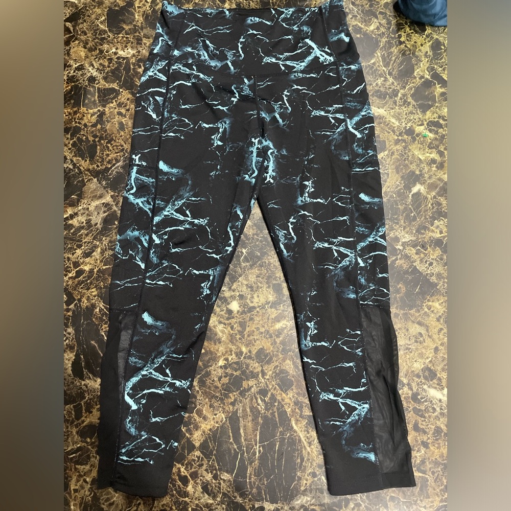 BSP Black and Neon Blue Marble and Mesh Leggings